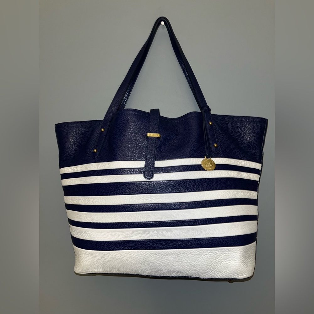 Brahmin Navy and White Striped Tote Bag